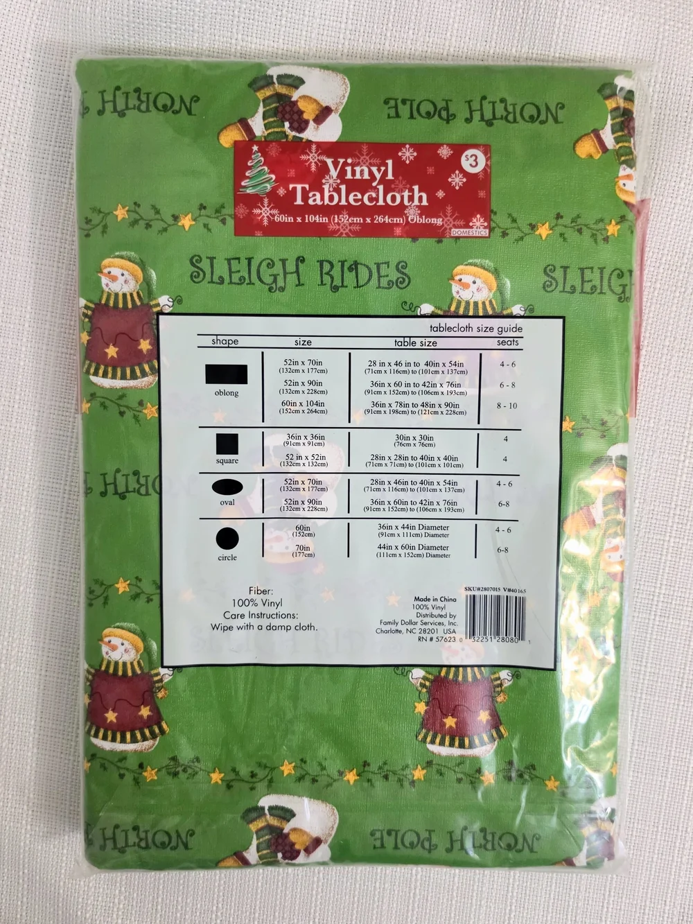 Christmas Vinyl Tablecloth 69x104 Rectangle Snowman Green Holiday Waterproof